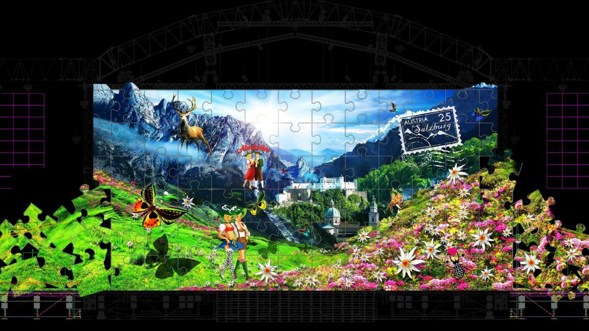Ein lebhaftes Wandbild der Alpenlandschaft, inspiriert von Life Ball, mit Bergen, Blumen, Tieren und Traditionen.