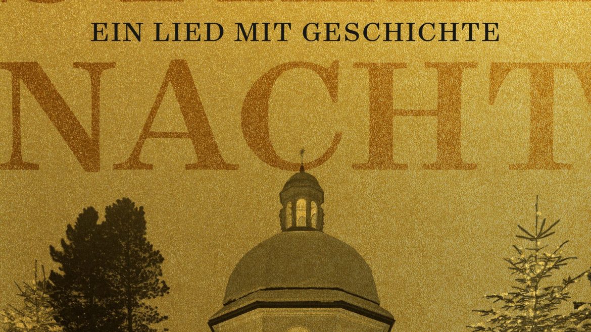 Buchdeckel mit der Aufschrift Stille Nacht: Ein Lied mit Geschichte mit einer verschneiten Kapelle und Tannenbäumen im Winter.