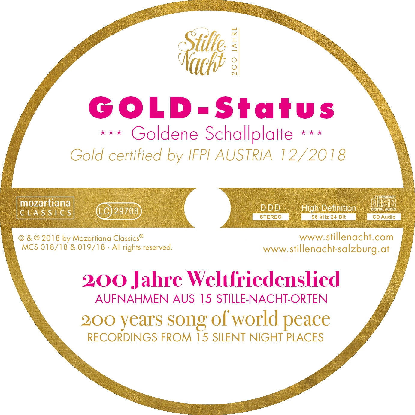 Eine runde goldene Schallplattenplakette mit GOLD-Status und 200 Jahre Lied vom Weltfrieden in Deutsch und Englisch.