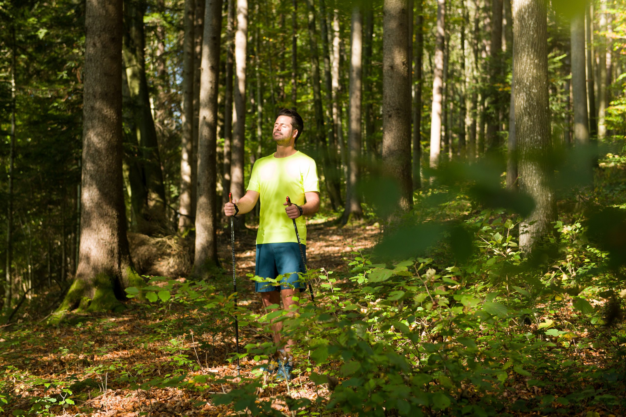 Mann in heller Sportkleidung geht mit Stöcken in einem sonnenbeschienenen Wald spazieren, umgeben von grünen Bäumen und Laub.