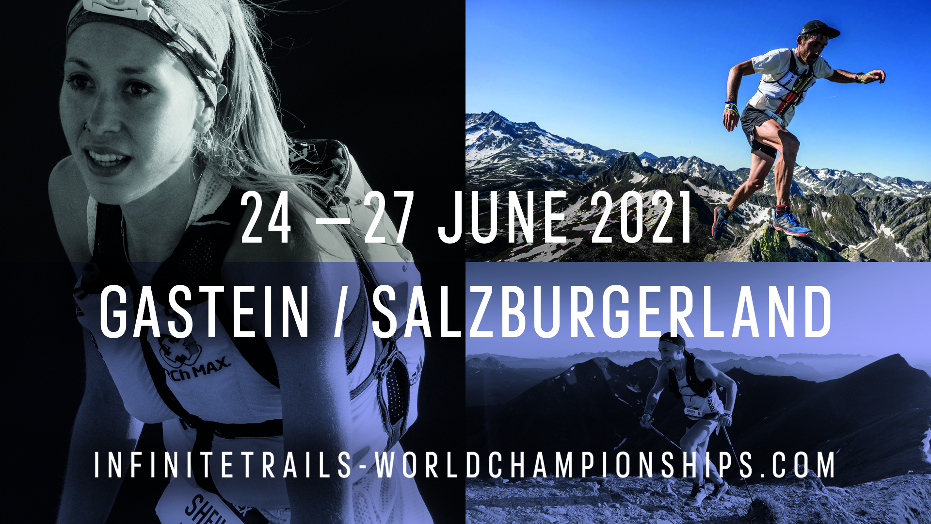 Collage von Trailläufern in den Bergen, Veranstaltungsdetails: 24-27 Juni 2021, Gastein/SalzburgerLand, Infinite Trails.
