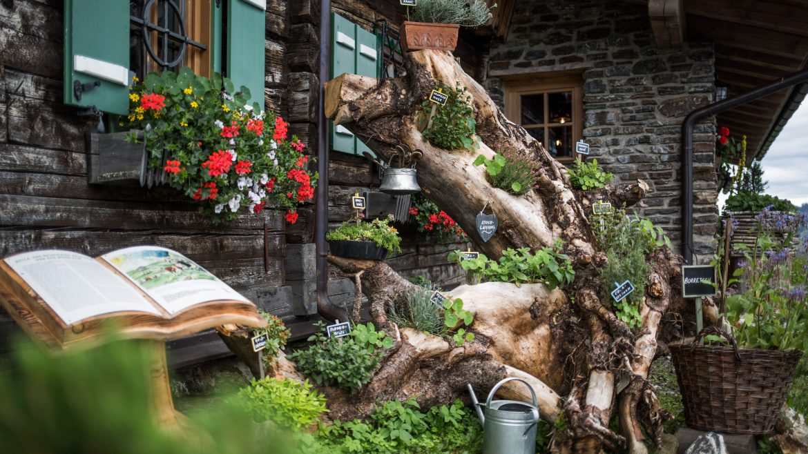 Ein rustikales Holzhaus mit Blumenkästen und einem Garten, der aus einem großen Baumstamm und beschrifteten Kräutern besteht.