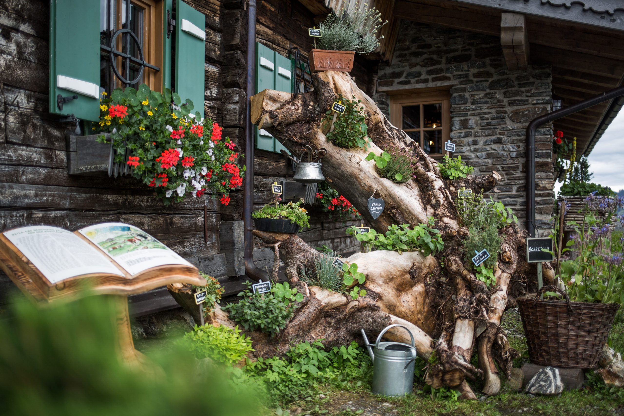 Ein rustikales Holzhaus mit Blumenkästen und einem Garten, der aus einem großen Baumstamm und beschrifteten Kräutern besteht.