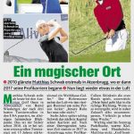 Drei Bilder des Golfspielers Matthias Schwab beim Golfspielen, mit deutschem Text über seine beruflichen Erfolge.