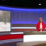 Ein Nachrichtensprecher steht an einem Schreibtisch mit Bildschirmen, die ein Wintersportinterview und eine Sportlerwerbung zeigen.