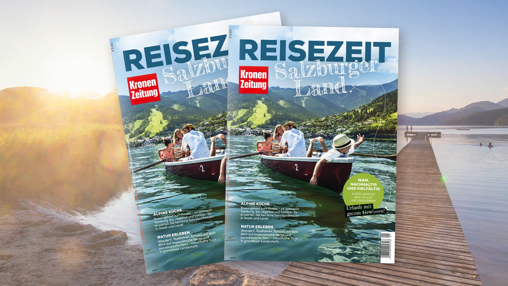 Zwei Magazine mit Menschen, die ein Boot auf einem See rudern, Berge im Hintergrund, überlagert von einem Steg am Wasser.