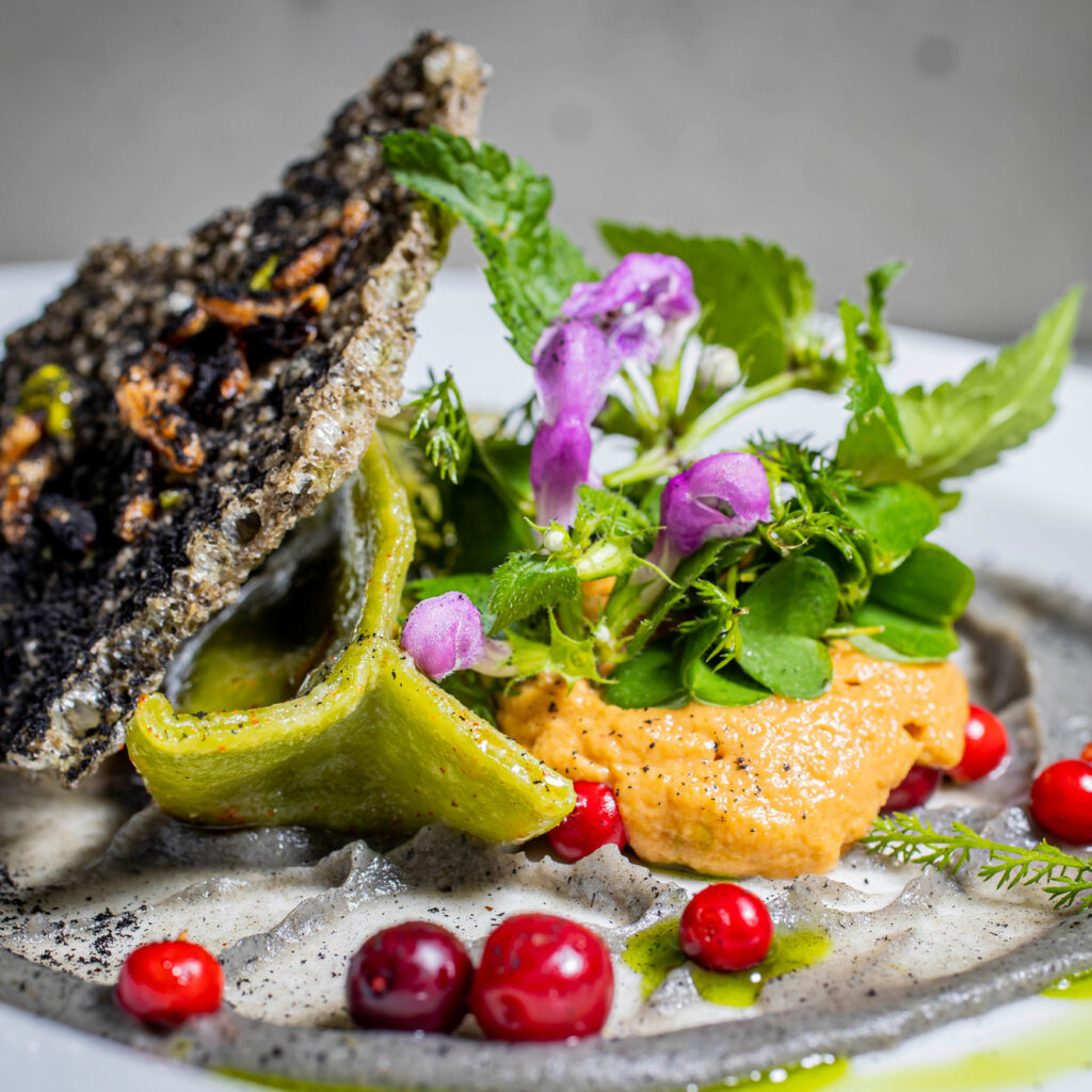 Gourmetgericht mit grüner Soße, roten Beeren, essbaren Blüten, knuspriger Waffel und cremigem Orangenpüree auf einem weißen Teller.