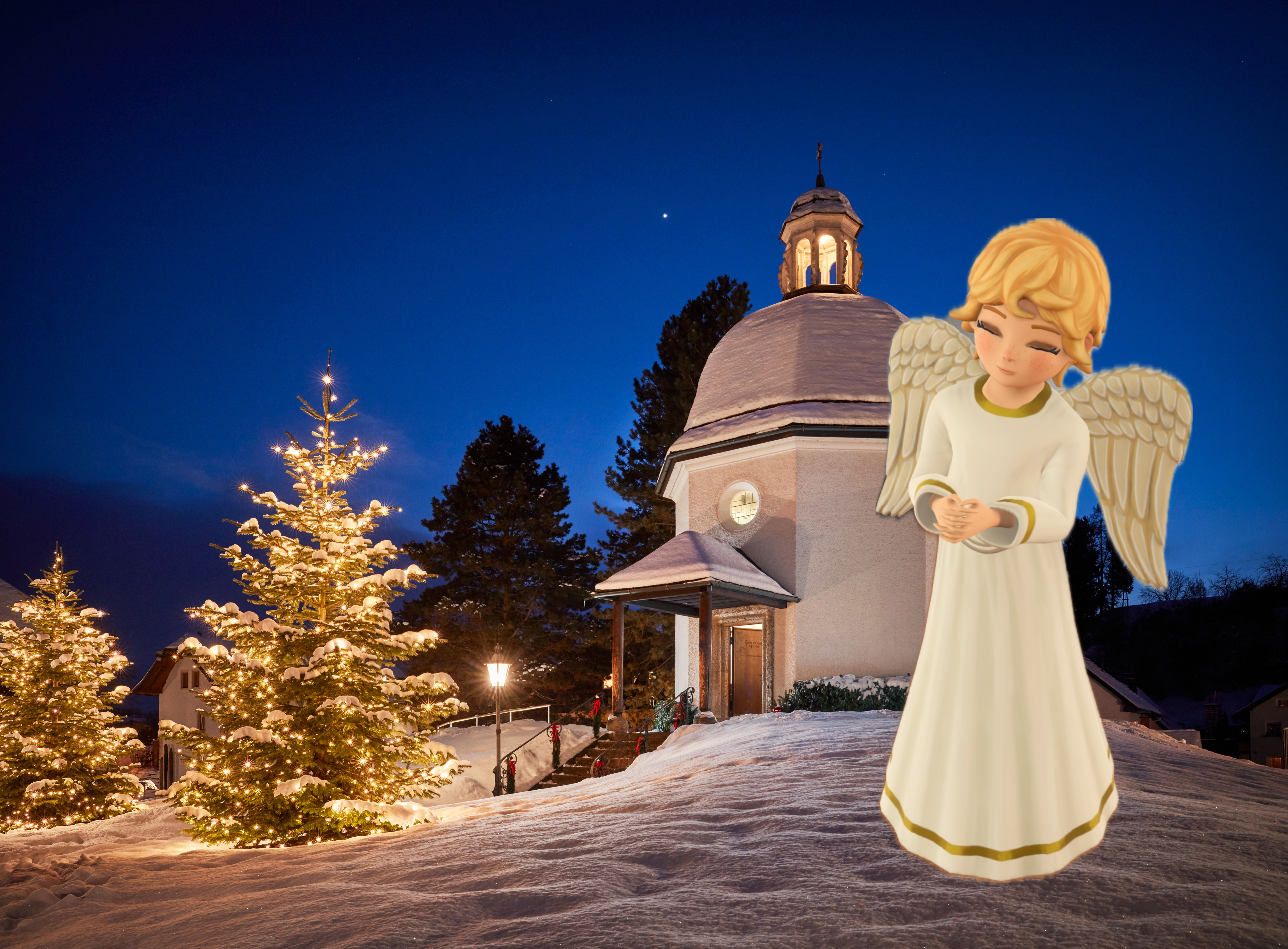 KI-Engel vor Stille Nacht Kapelle in Oberndorf