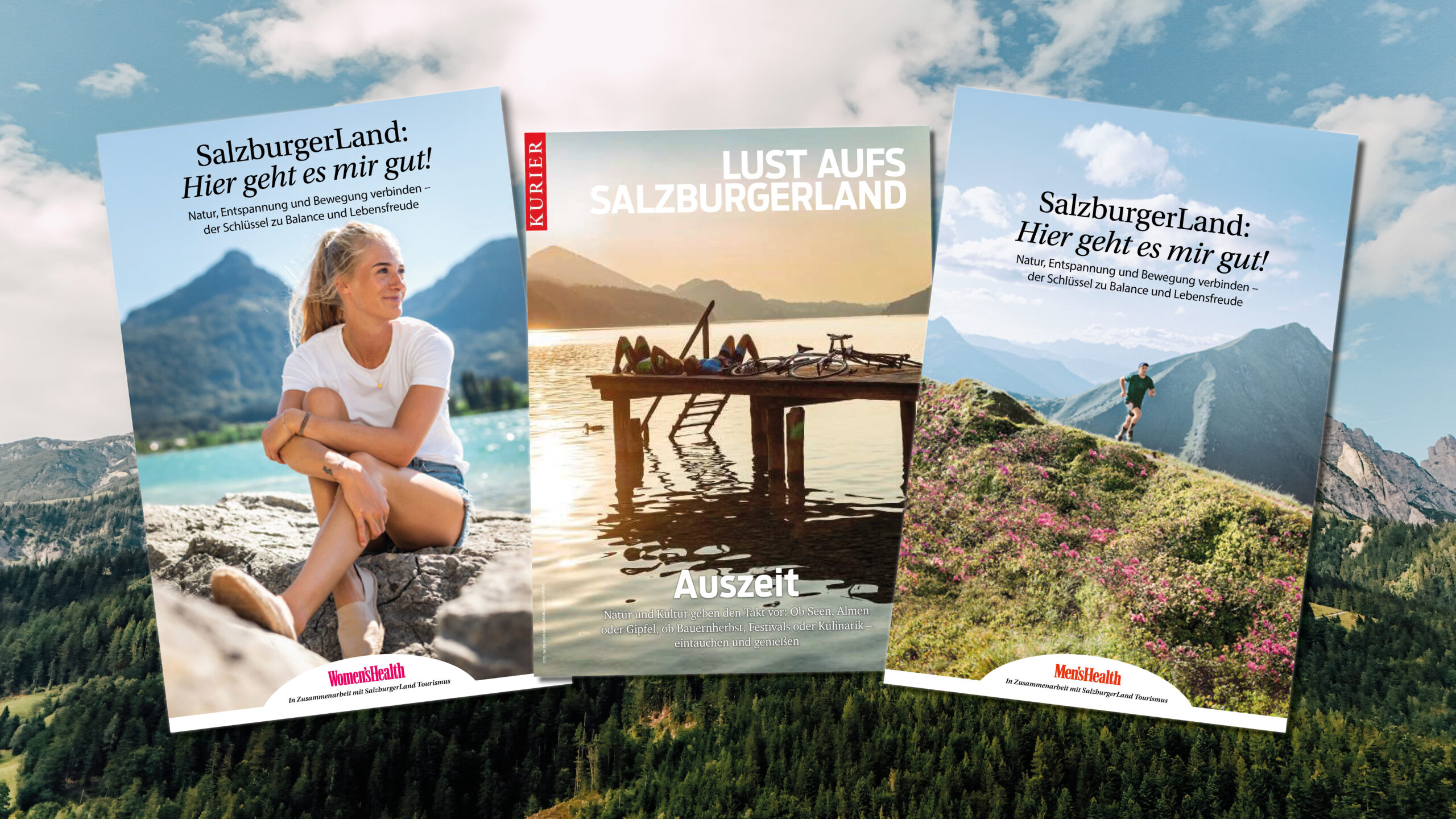 Drei Salzburger Reisebroschüren mit Bergkulisse, einer Frau, einem Bootssteg und einem Wanderer auf den Titelseiten.