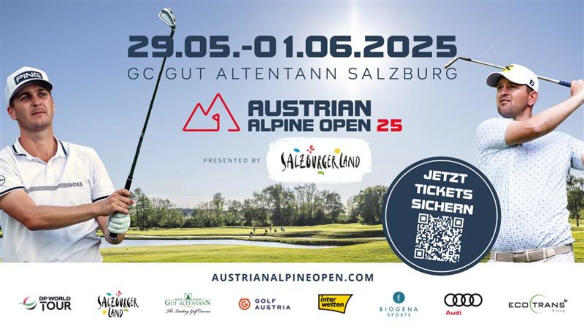 Zwei Golfer auf einem Turnierplakat für die Austrian Alpine Open 2025 in Salzburg, mit Veranstaltungshinweisen und Sponsoren.