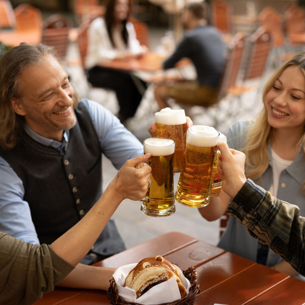 Vier Personen sitzen an einem Tisch im Freien, stoßen mit Biergläsern an und lächeln, während in der Nähe ein Korb mit Essen steht.