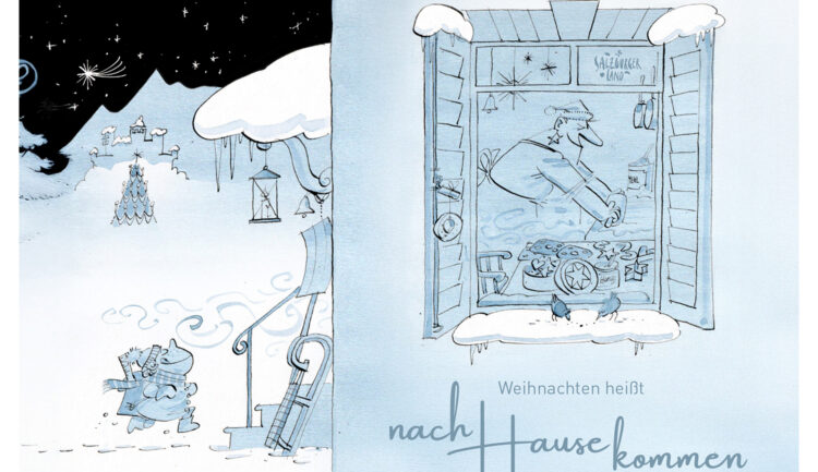 Cartoon von Menschen, die im Schnee auf ein Haus zugehen; Mann backt in einer gemütlichen Küche, Text: Weihnachten heißt nach Hause kommen.
