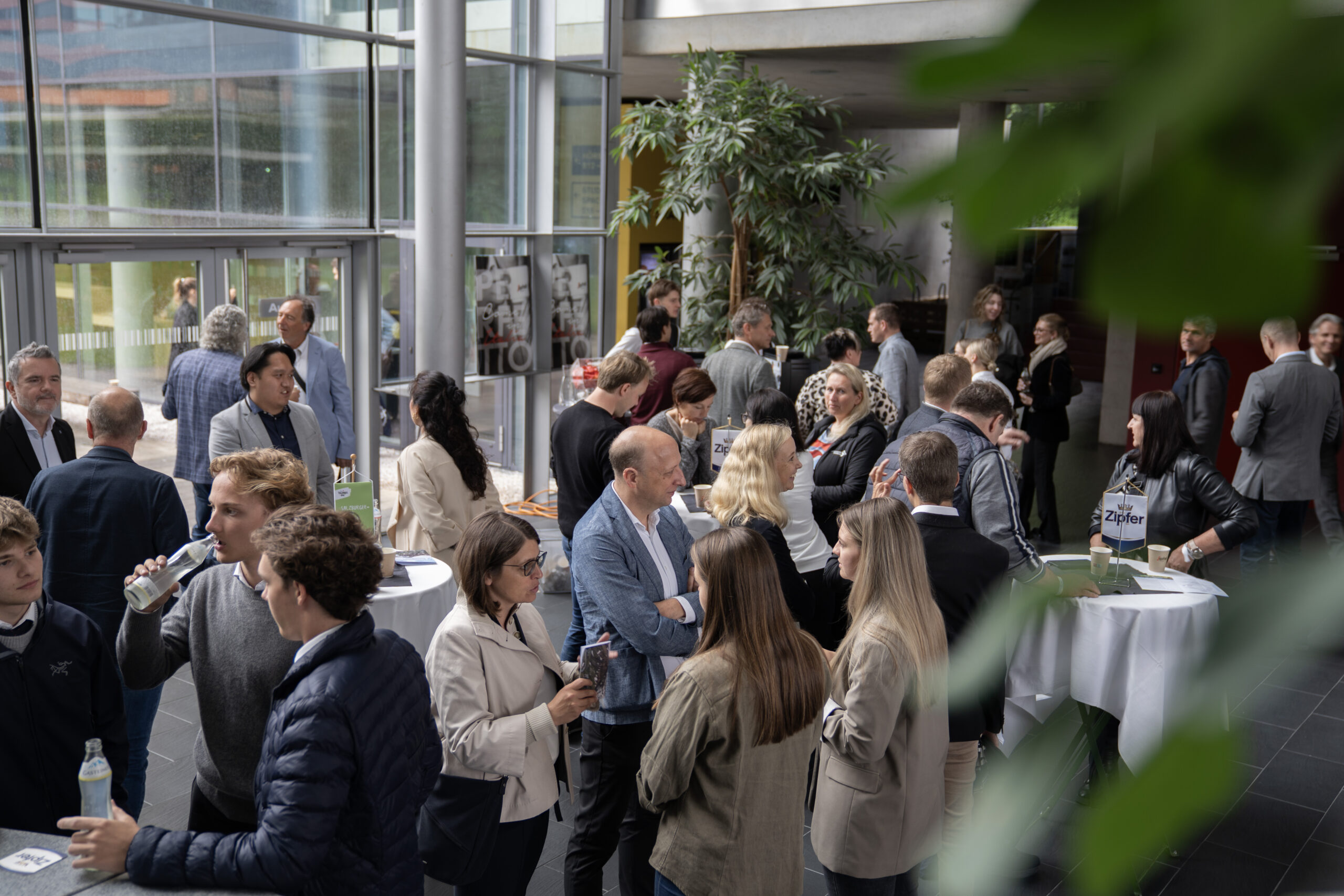 Eine Gruppe von Menschen knüpft bei einer Indoor-Veranstaltung mit großen Fenstern und Pflanzen an Tischen Kontakte.