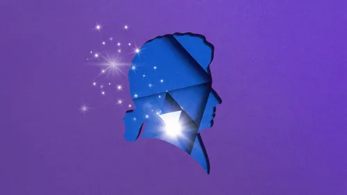 Origami-Silhouette eines Kopfes auf lila Hintergrund mit funkelnden Sternen und leuchtenden Lichteffekten.