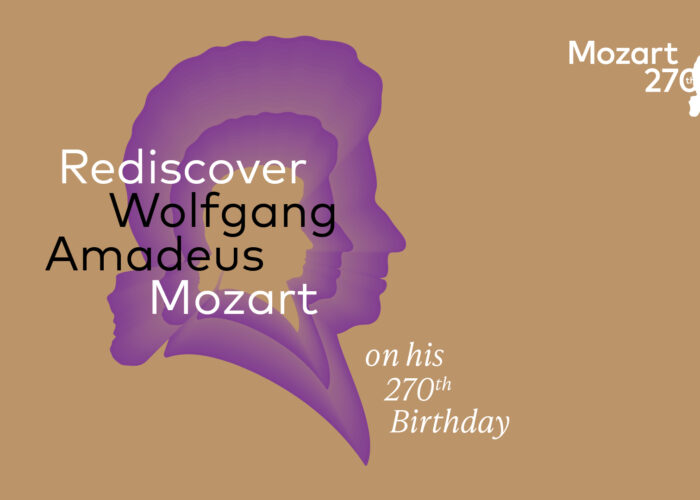 Lila Mozart-Silhouetten mit Text: Entdecken Sie Wolfgang Amadeus Mozart an seinem 270. Geburtstag wieder.