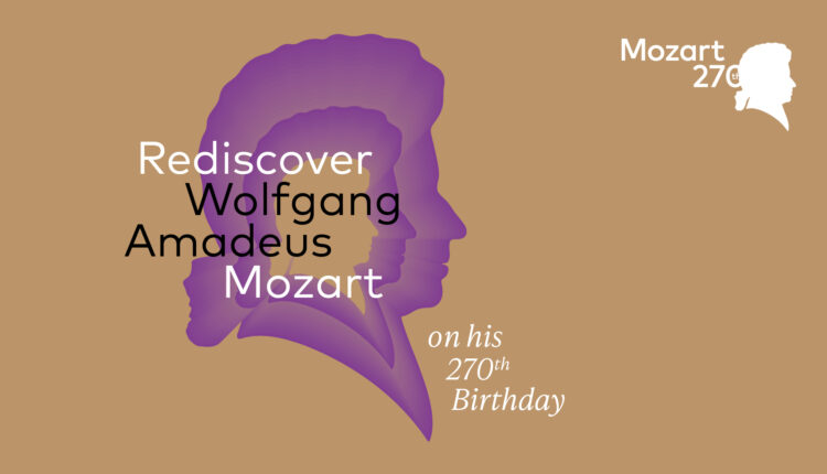 Lila Mozart-Silhouetten mit Text: Entdecken Sie Wolfgang Amadeus Mozart an seinem 270. Geburtstag wieder.