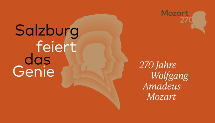 Orangefarbenes Plakat mit der Silhouette Mozarts, deutschem Text und 270 Jahre Wolfgang Amadeus Mozart auf der rechten Seite.
