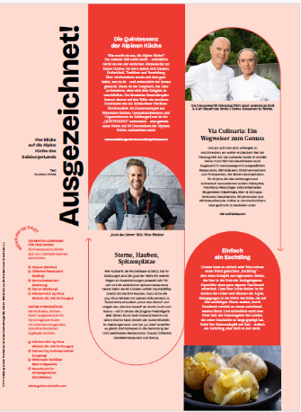 Seite eines deutschen Gastronomie-Magazins mit Porträts von Köchen, Kartoffeln und Texten über die alpine Küche und kulinarische Auszeichnungen.