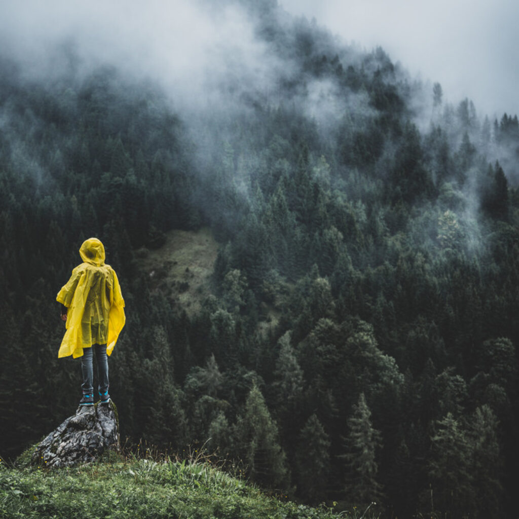 Eine Person in einem gelben Regenmantel steht auf einem Felsen und blickt auf nebelverhangene, bewaldete Berge.