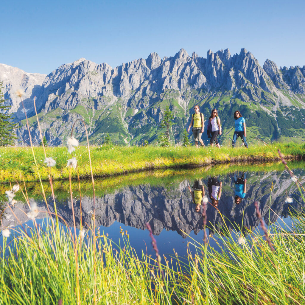 Vier Menschen spazieren auf einem grasbewachsenen Weg am Ufer eines Teiches entlang, während sich unter dem klaren Himmel die Berge im Wasser spiegeln.