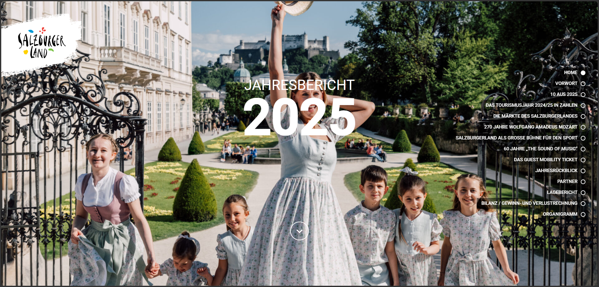 Eine Frau und sechs Kinder in traditioneller österreichischer Tracht lächeln in einem formalen Garten, im Hintergrund die Festung Salzburg.