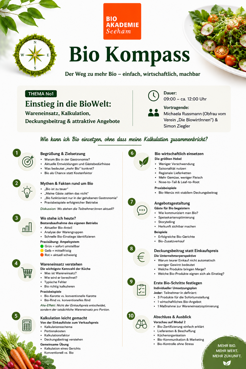 Informationsflyer für ein Seminar zum Thema Bio-Produkte mit Symbolen, einer Checkliste und frischem Gemüse.