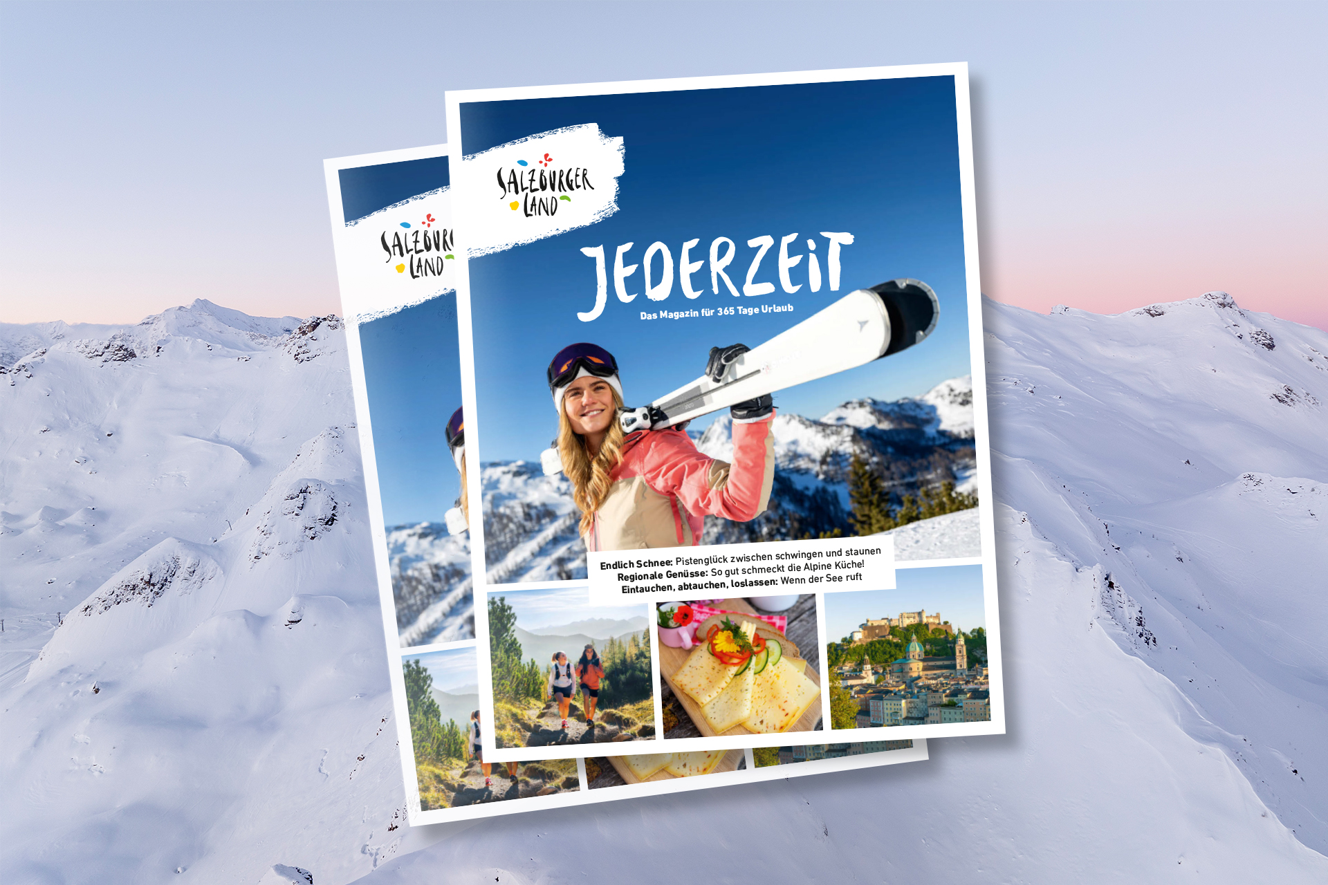 Ein Titelblatt der Zeitschrift „Jederzeit“ mit einer Frau auf Skiern, hinter ihr Bergpanoramen, Speisen und Sehenswürdigkeiten.