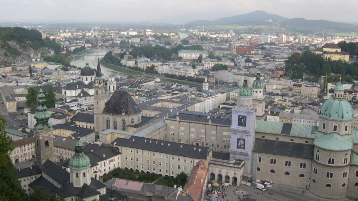 Luftaufnahme von Salzburg, Österreich, mit historischen Gebäuden, Kirchen und einem Fluss unter einem bewölkten Himmel.